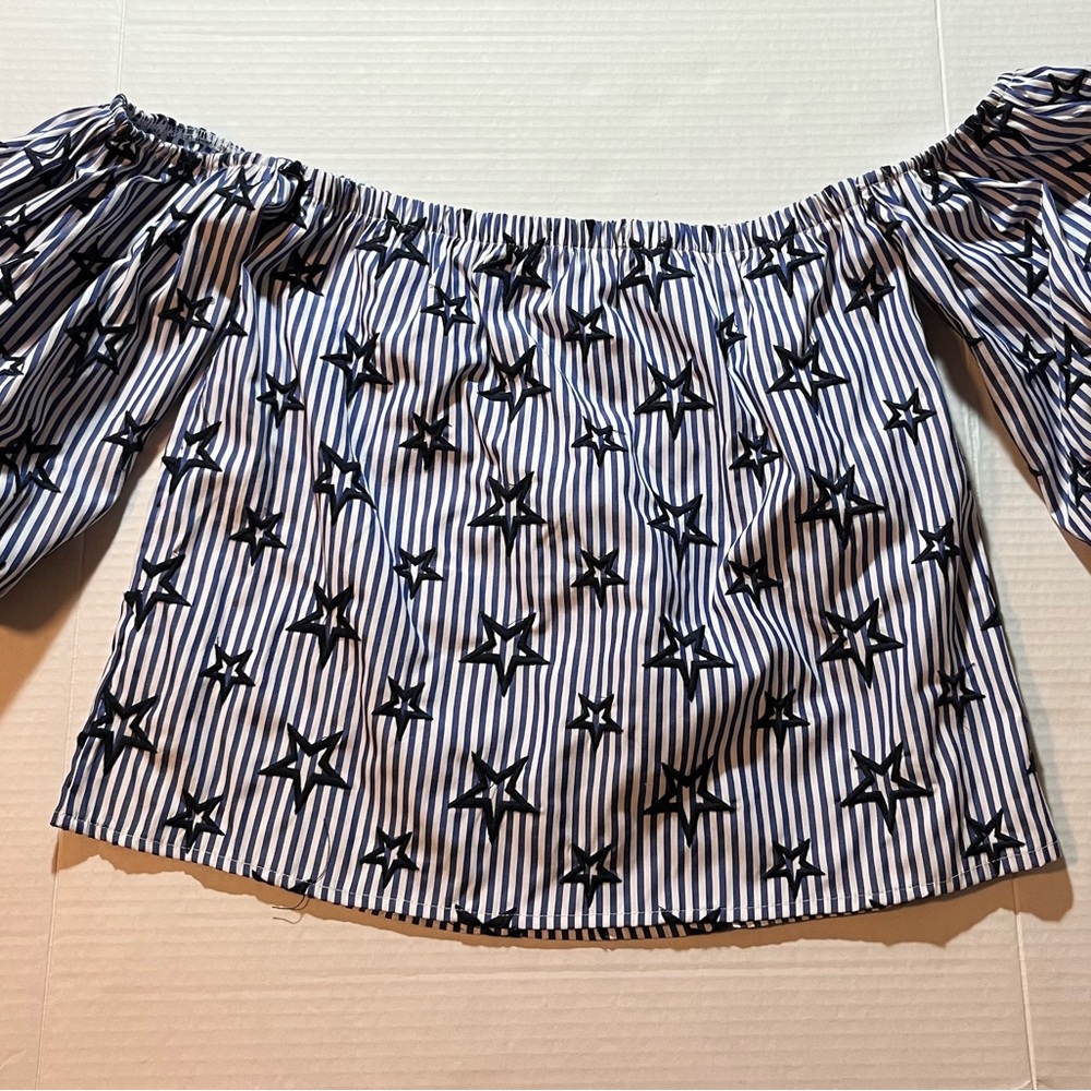Romeo & Juliet Couture Blue and White Striped Top with Black Stars